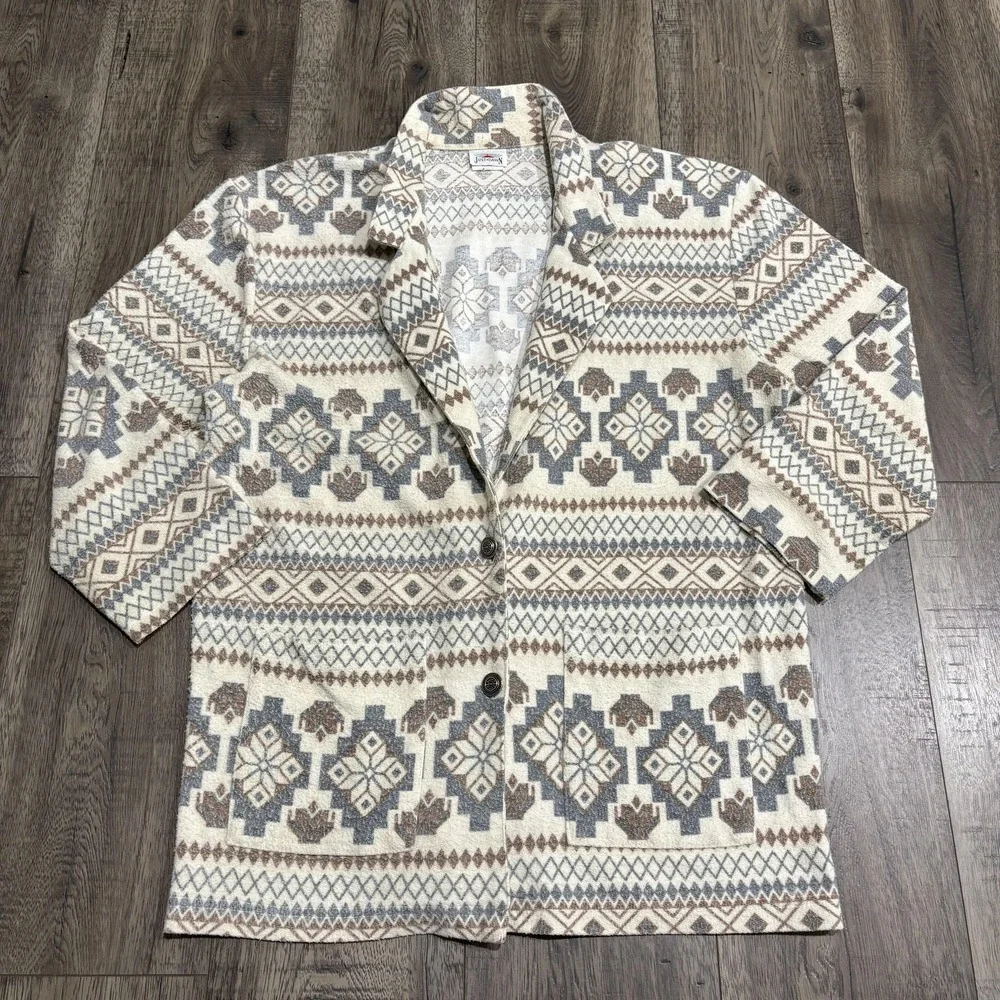 VTG‎ Just Dawn Blazer Sweater Womens Medium White Geometric Tribal Button Knit